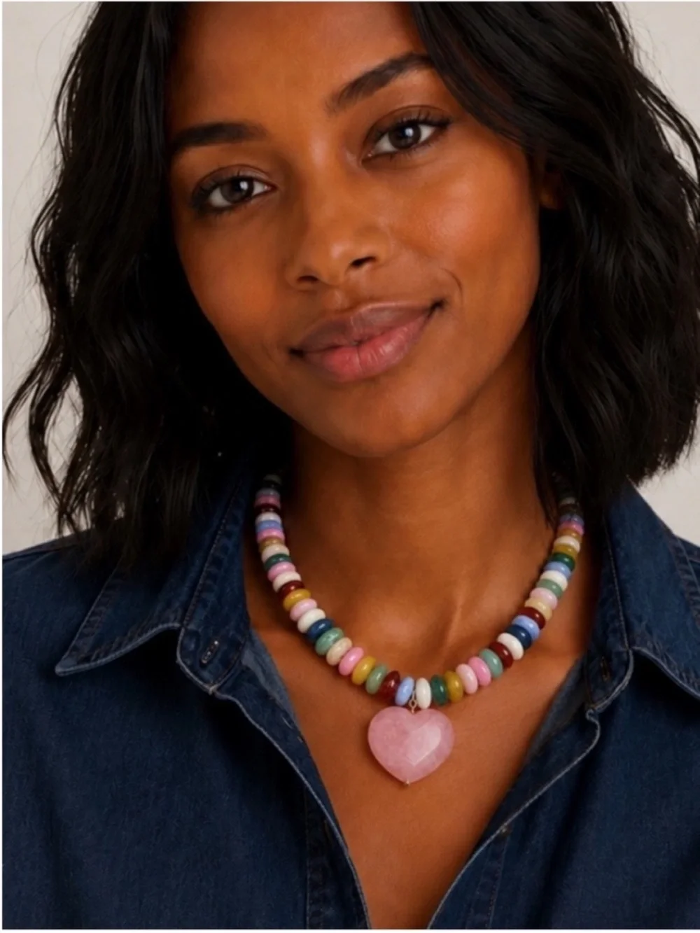 New! Multicolor Beaded Necklace with Pink Heart Pendant